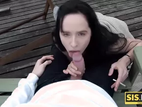 Brazen babe smokes cigarette and penis of stepbrother
